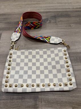 White Checkered Stud Accent Shoulder Purse with Colorful Strap
